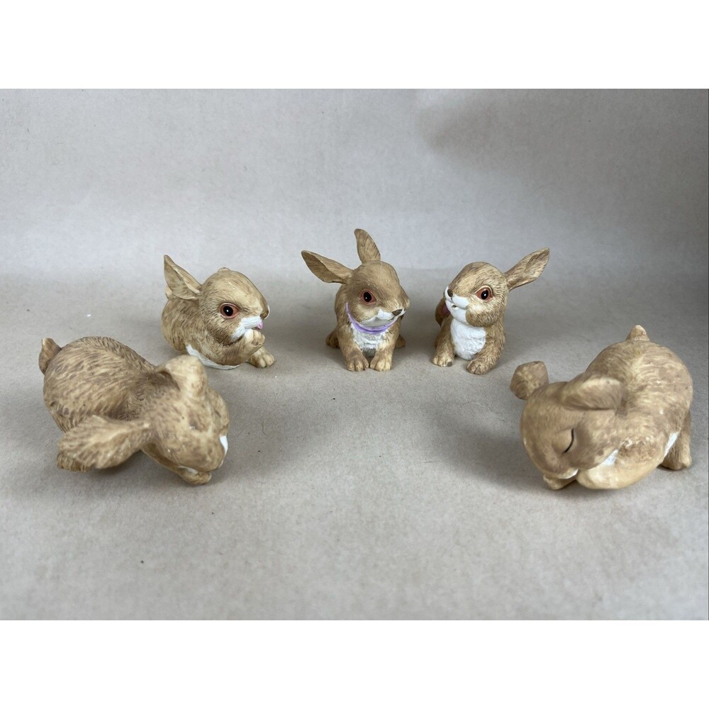Lot Of 5 Vintage Small Resin Bunny Rabbit Brown‎ White Cute Easter Decor EUC